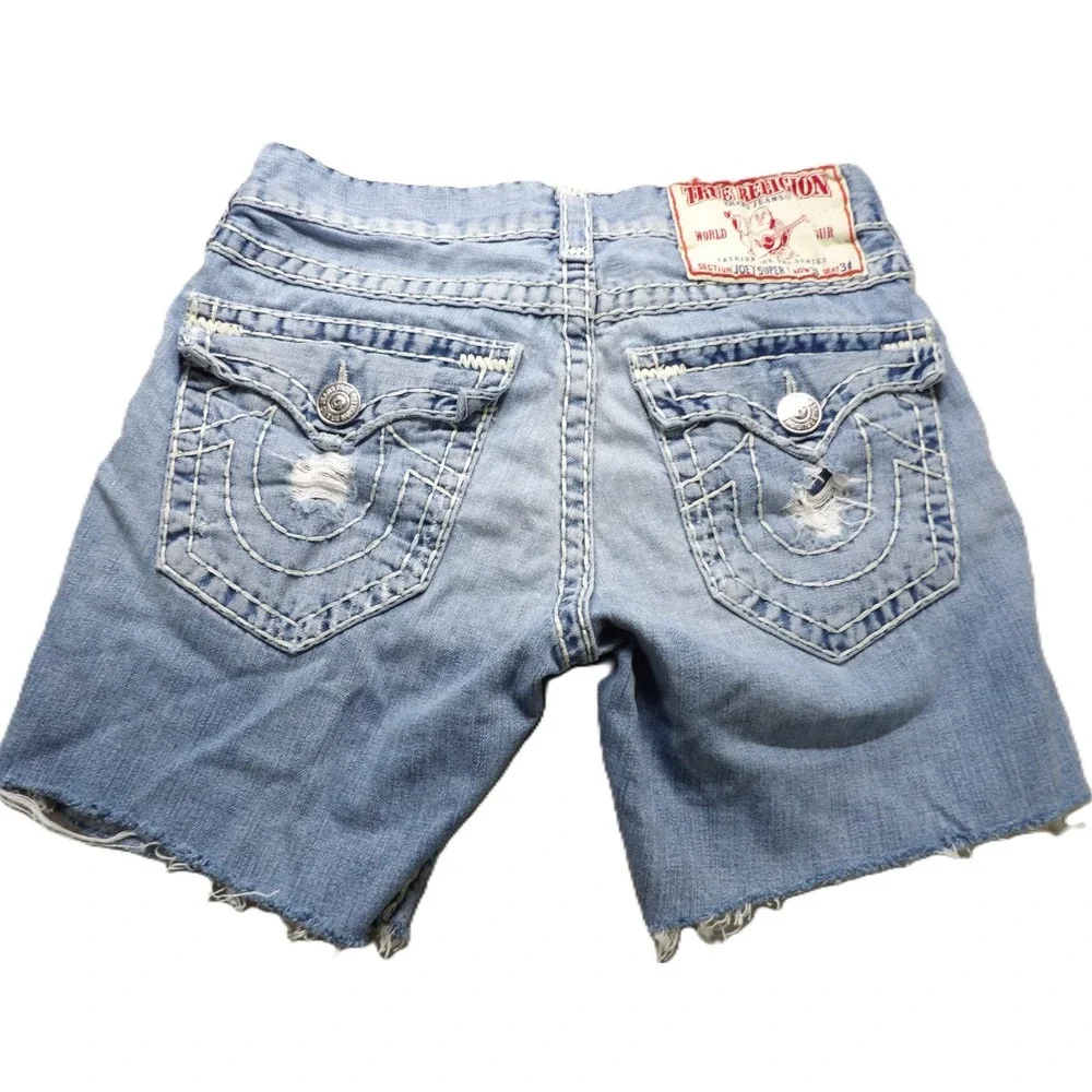 VTG Y2K True Religion Joey Super T Shorts Men 31 Distressed USA Light Wash Denim